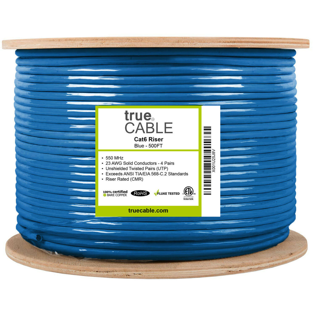 Cat6 Riser 500ft Blue 23AWG 4 Pair Solid Bare Copper UTP Bulk Ethernet Cable Y894092