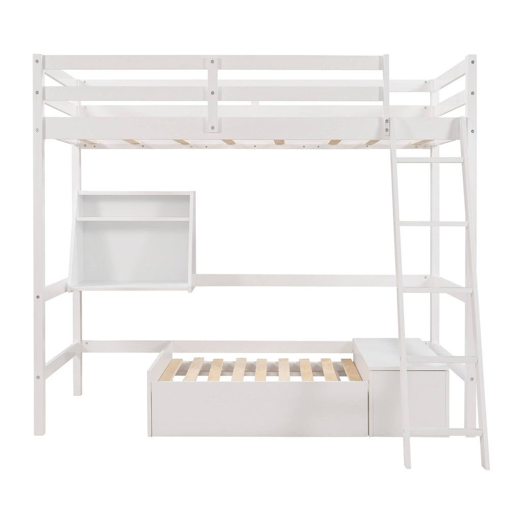 White Twin Loft Bed with Storage Drawer & Shelf K659