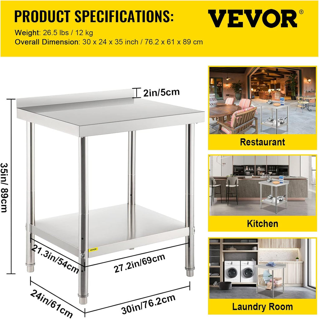 Stainless Steel Prep Table with Backsplash and Adjustable Undershelf T47522
