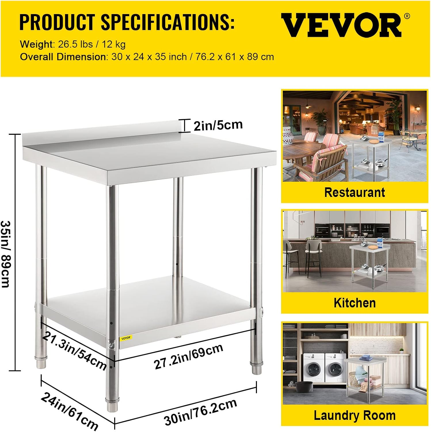 Stainless Steel Prep Table with Backsplash and Adjustable Undershelf T47522