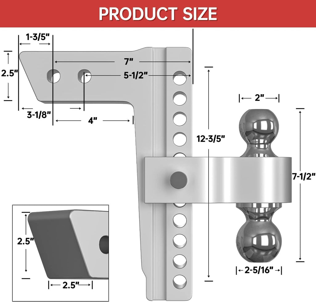 Adjustable Trailer Hitch Ball Mount, 10 Inch Drop, 2.5 Inch Receiver, 18,500 LBS GTW, Forged Aluminum Shank, 2 Inch & 2-5/16 Inch Dual Balls Y51988