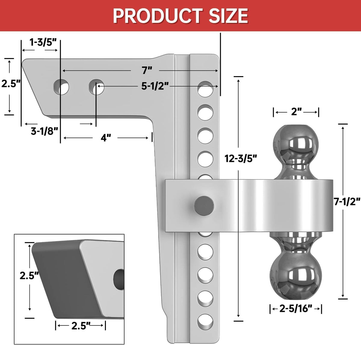 Adjustable Trailer Hitch Ball Mount, 10 Inch Drop, 2.5 Inch Receiver, 18,500 LBS GTW, Forged Aluminum Shank, 2 Inch & 2-5/16 Inch Dual Balls Y51988