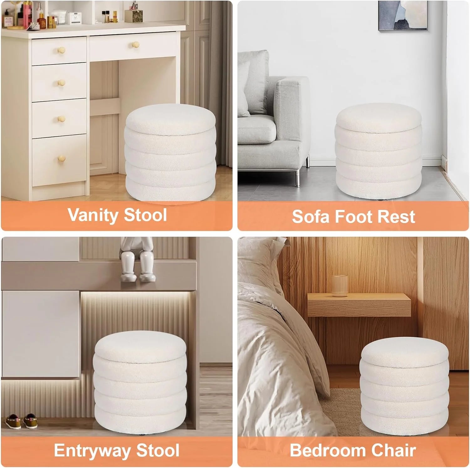 White Velvet Round Ottoman with Storage D63245