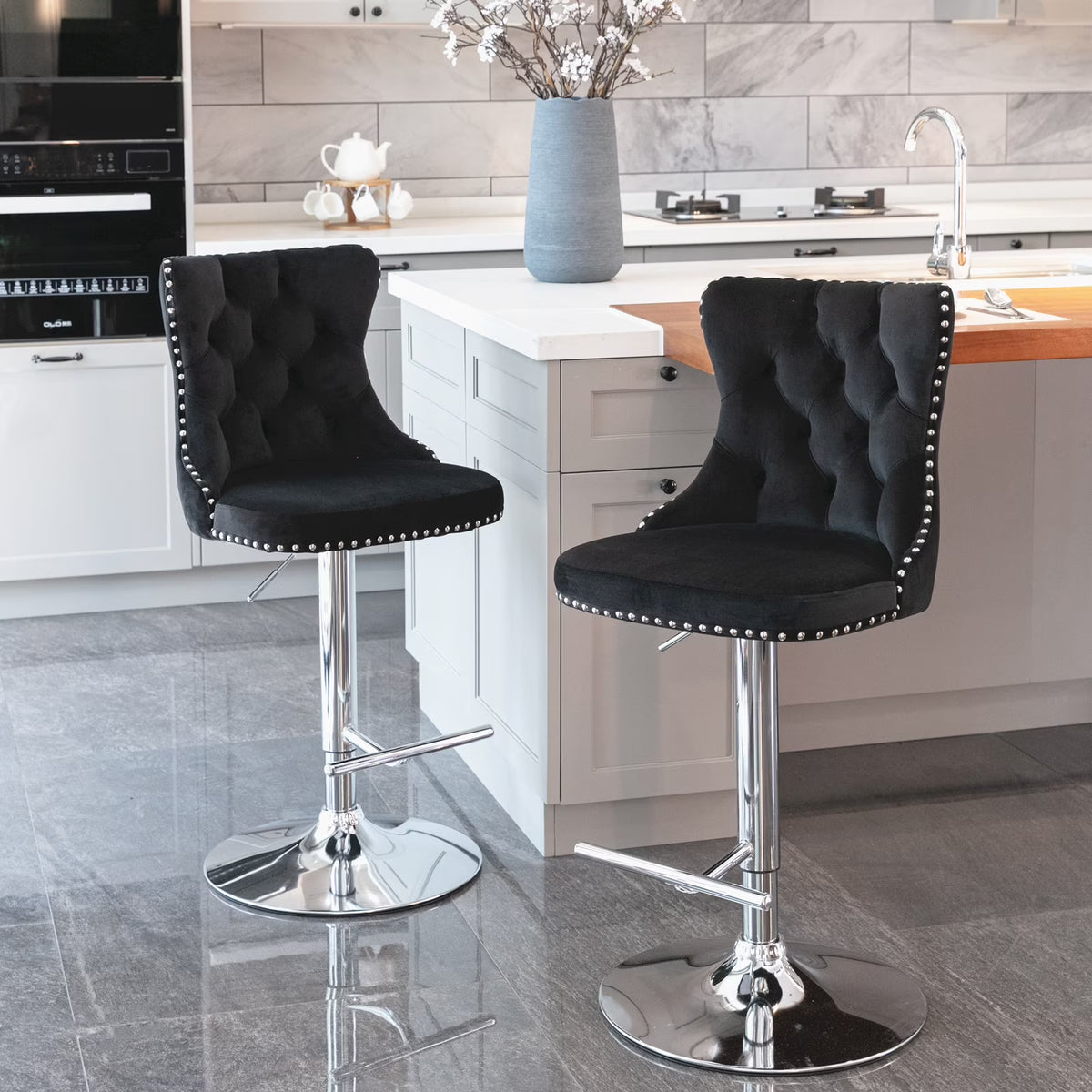 Swivel Velvet Barstools with Backs, Set of 2, Black V26831