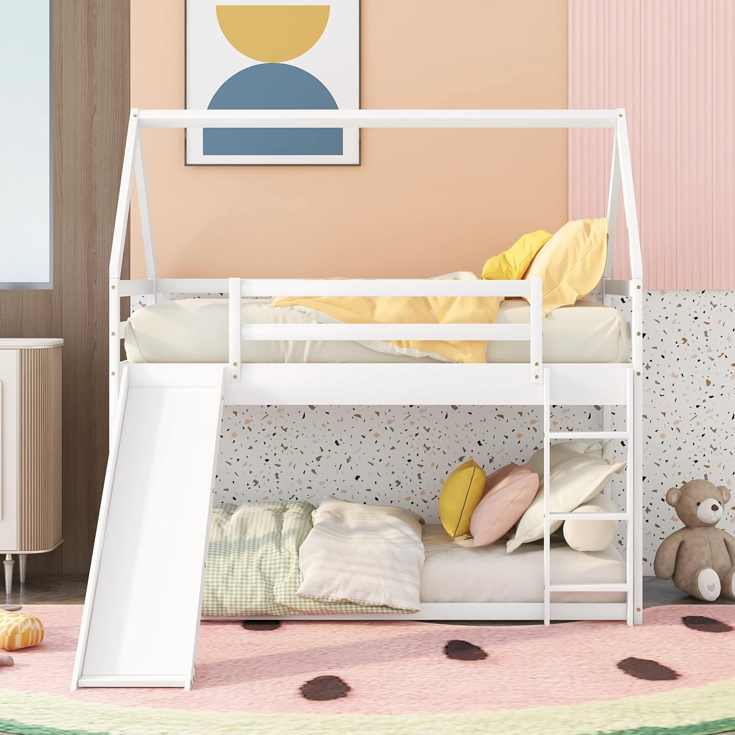 White Wood Buk Bed With Slide U728