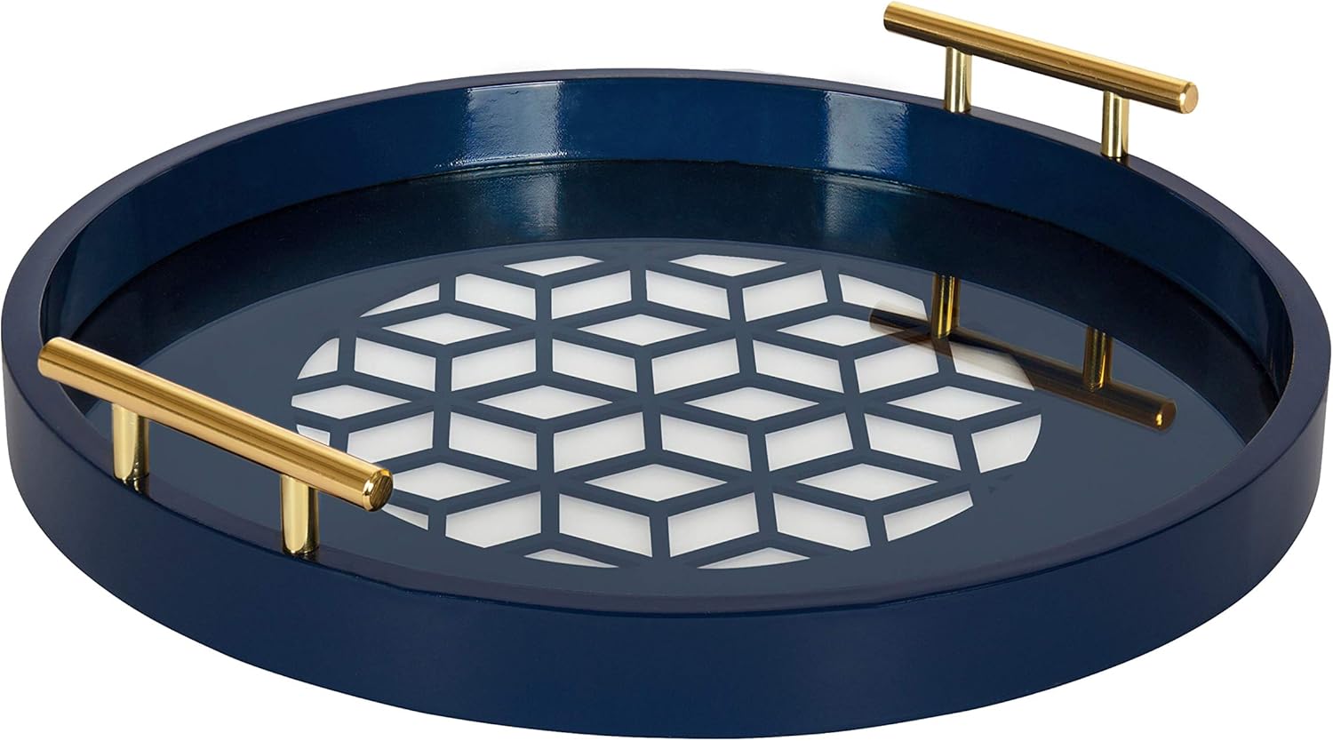 Navy and Gold Round Decorative Tray with Metal Handles M502235