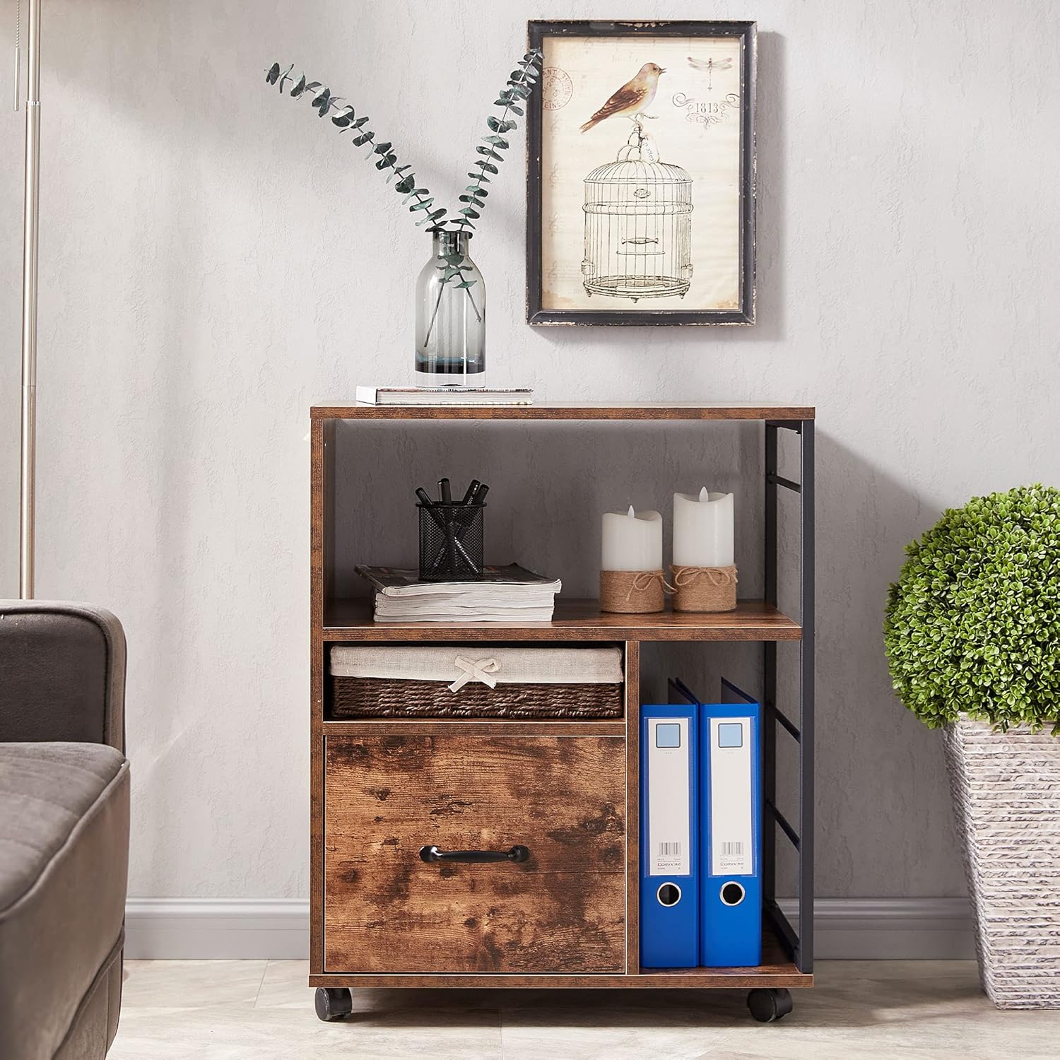 Rustic Brown File Cabinet with Drawer and Open Storage Shelves G4168