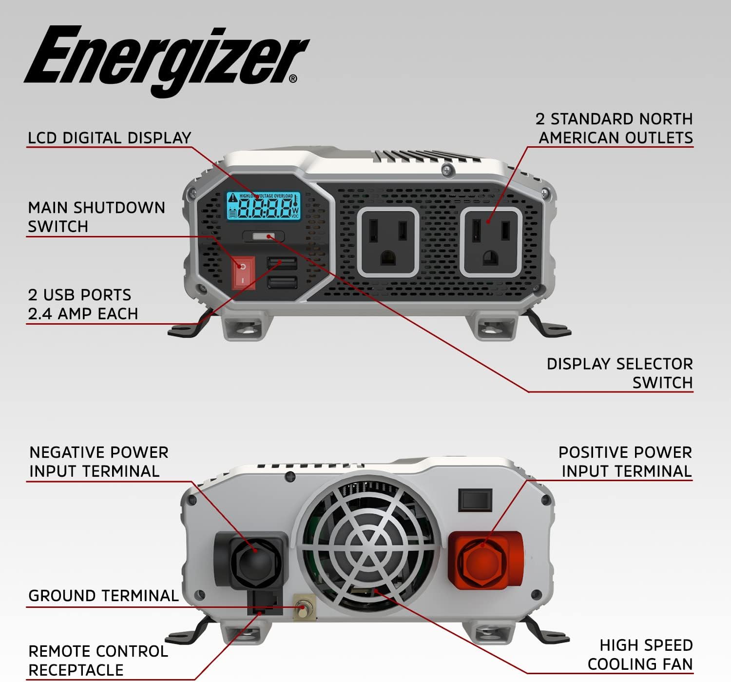1500 Watts Modified Sine Wave Car Power Inverter, 12v to 110v, Two AC Outlets, Two USB Ports V2828