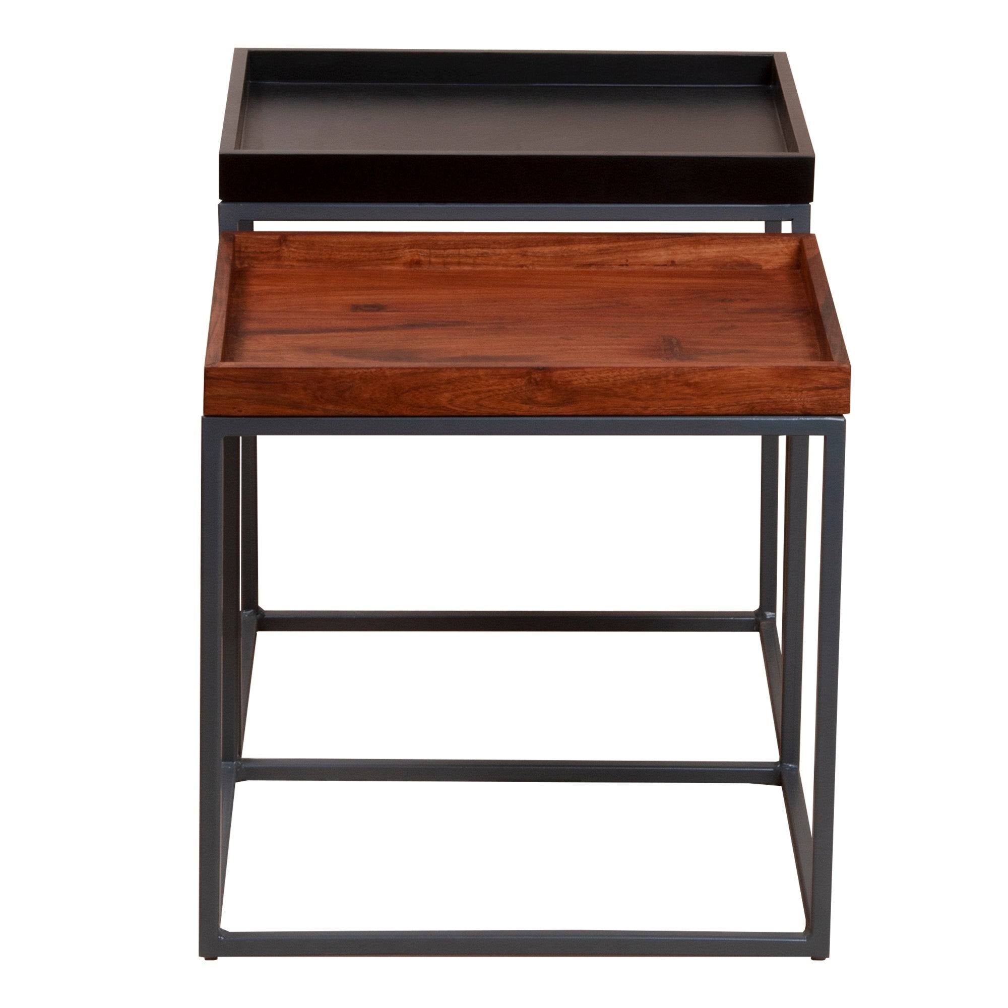 2 Piece Wooden Tray Top Nesting Table Set with Metal Frame, Brown and Black W2286