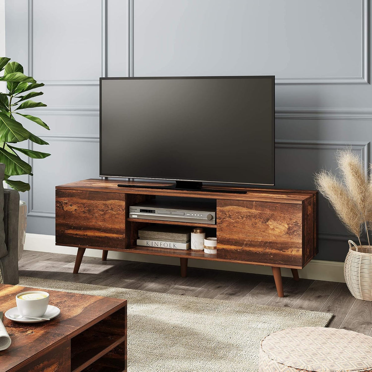 Black TV Stand with Storage Cabinet and Open Shelves J593158