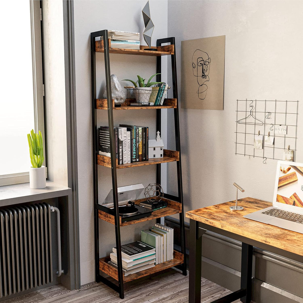 Industrial Bookshelf 4-Tier Ladder Shelf with Metal Frame S24107