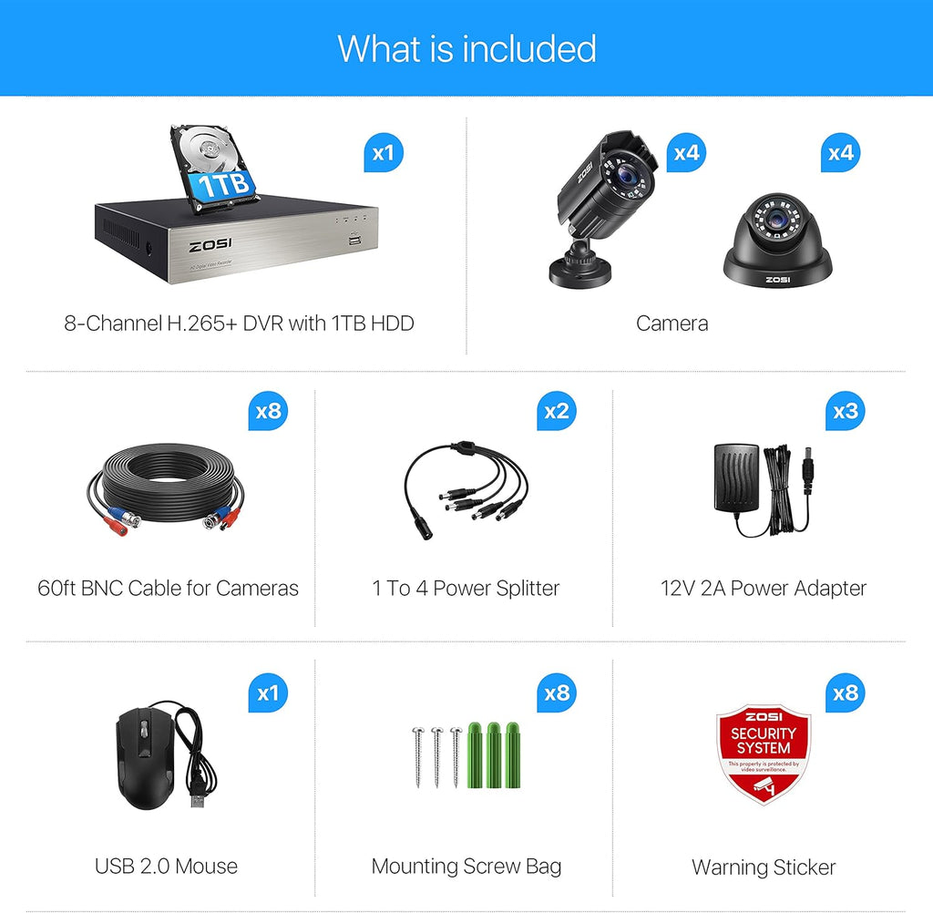 5MP Home Security Camera System with 1TB Hard Drive, 8CH CCTV DVR, 8pcs 1080P Weatherproof Cameras, 80ft Night Vision K628