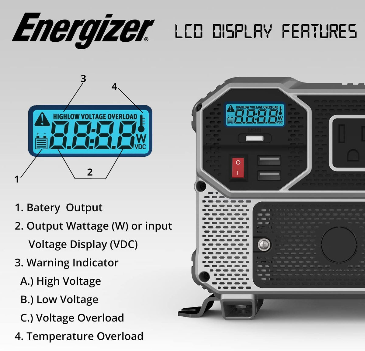 1500 Watts Modified Sine Wave Car Power Inverter, 12v to 110v, Two AC Outlets, Two USB Ports V2828