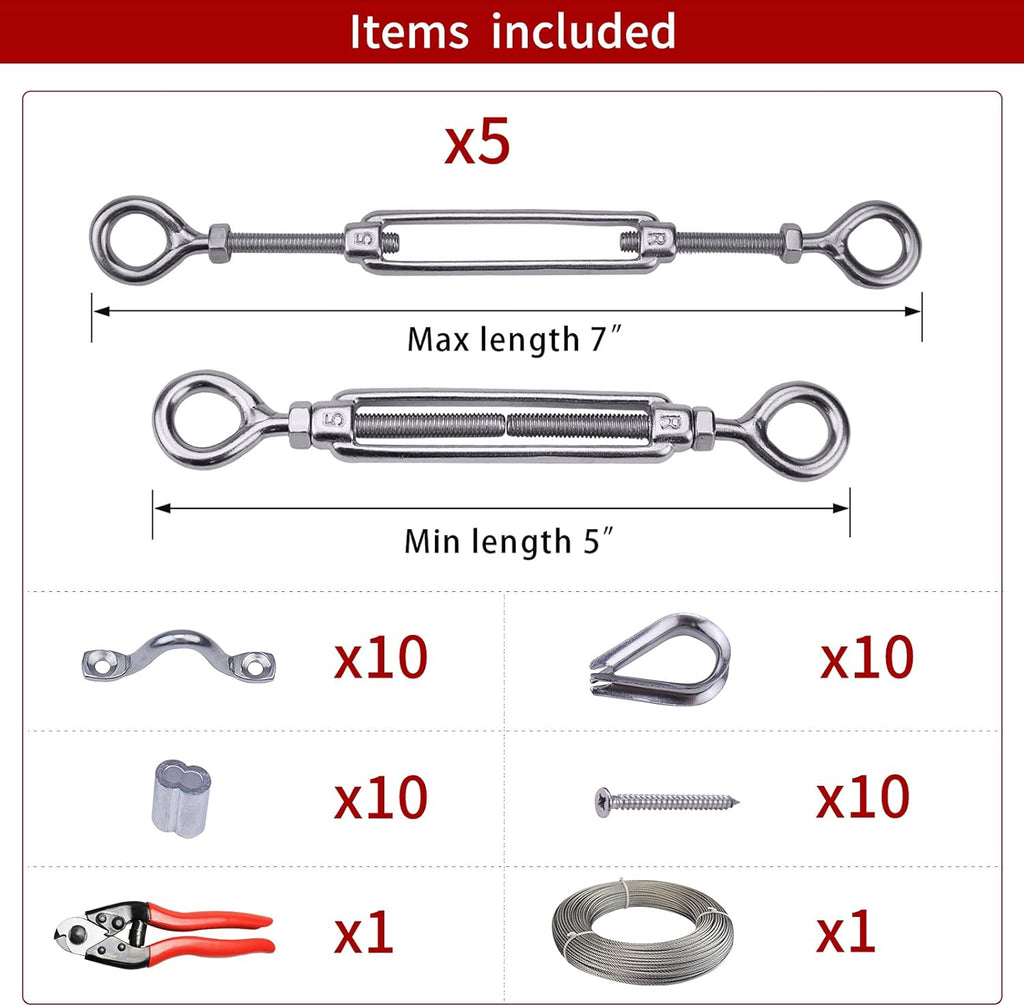 5Set 1/8" Cable Railing Kit Hardware Turnbuckle M5 Eye to Eye and 165' Wire Rope Stainless Steel Angle Adjustable 5 Cable Lines, Pack of 2 Z960