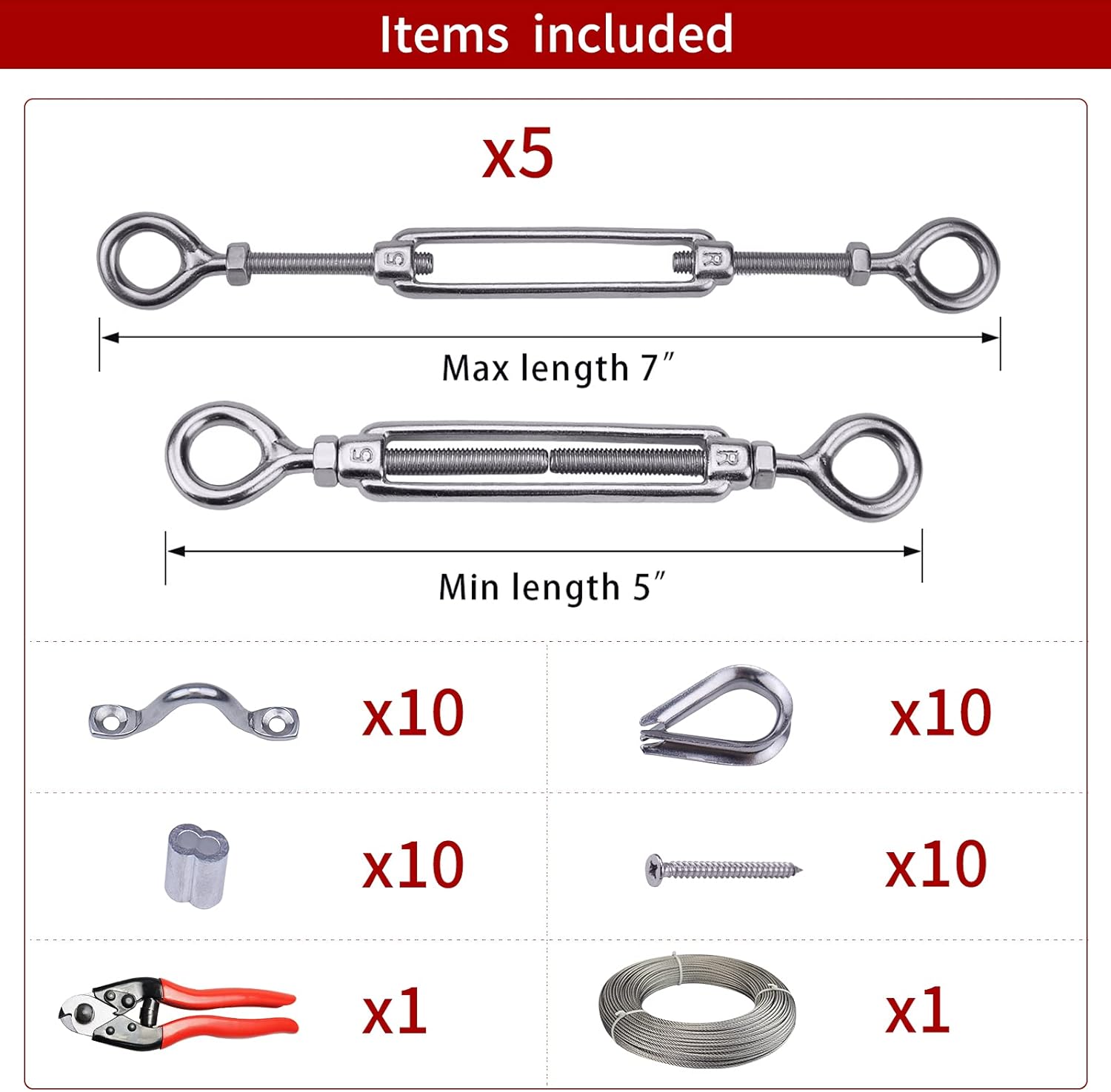 5Set 1/8" Cable Railing Kit Hardware Turnbuckle M5 Eye to Eye and 165' Wire Rope Stainless Steel Angle Adjustable 5 Cable Lines, Pack of 2 Z960