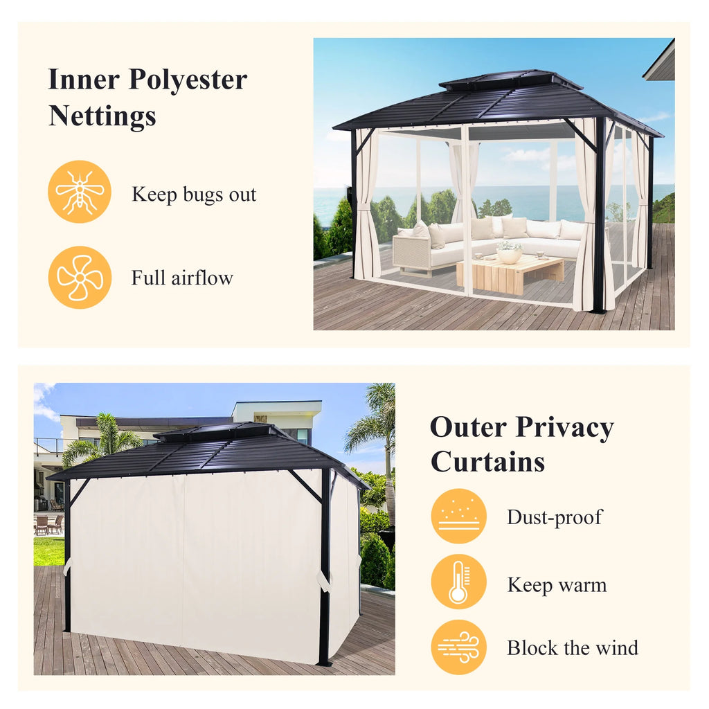 10x12FT Galvanized Steel Hardtop Gazebo with Double Roof W364630