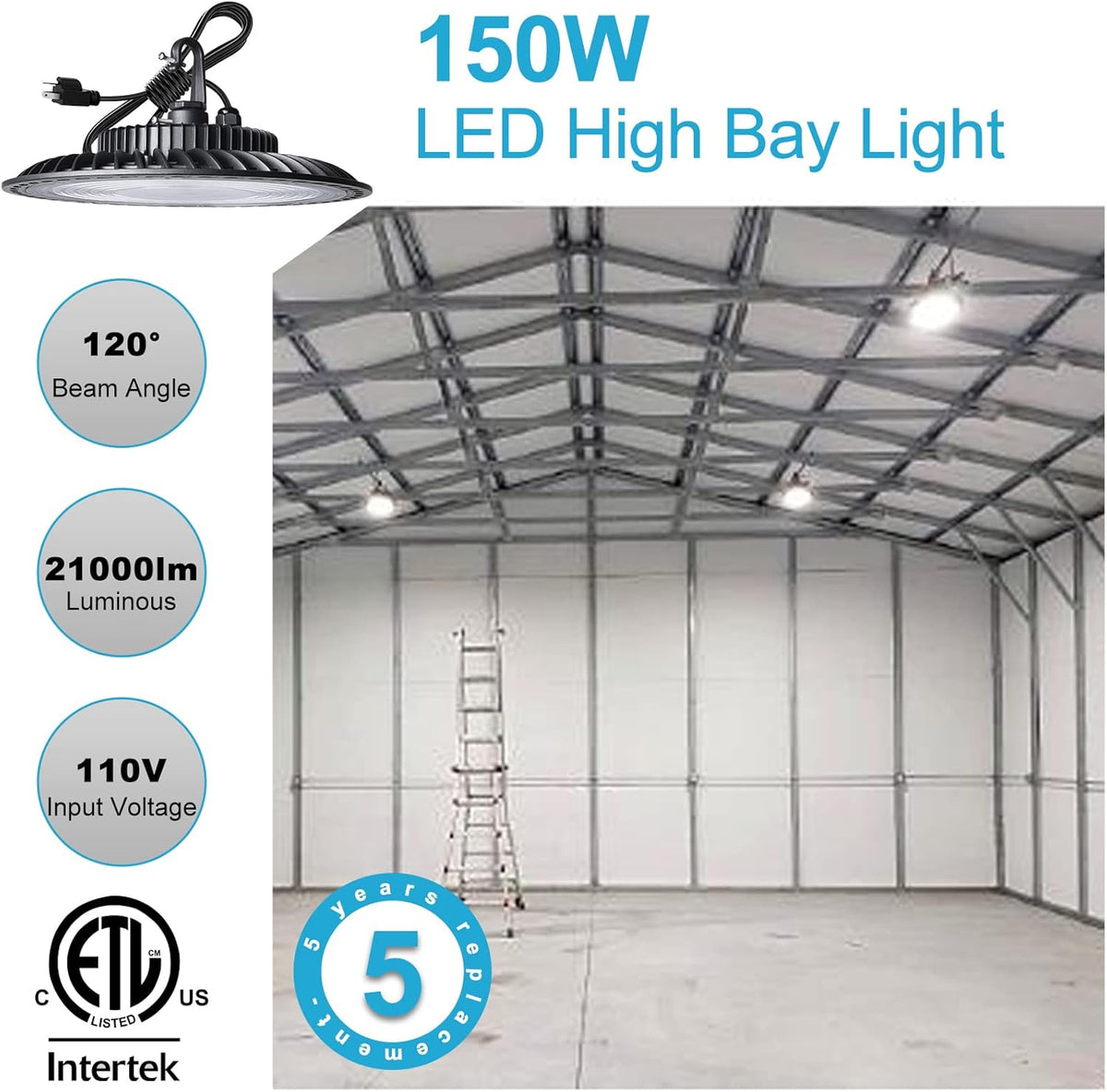 6Pack 150W LED High Bay Light, 5000K 21000LM, IP65, with 5ft UL Cable Plug A6163