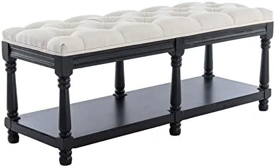 Grey Linen Tufted Bench with Shelf L524611