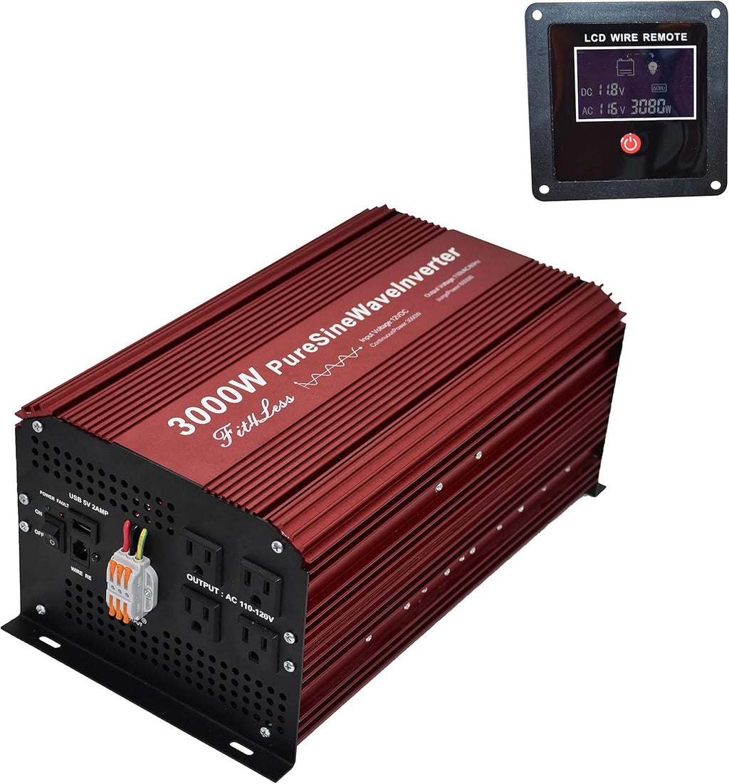 DC12V to AC110V60Hz Pure SINE Wave Power Inverter 3000W with LCD Wire Remote KIT B292