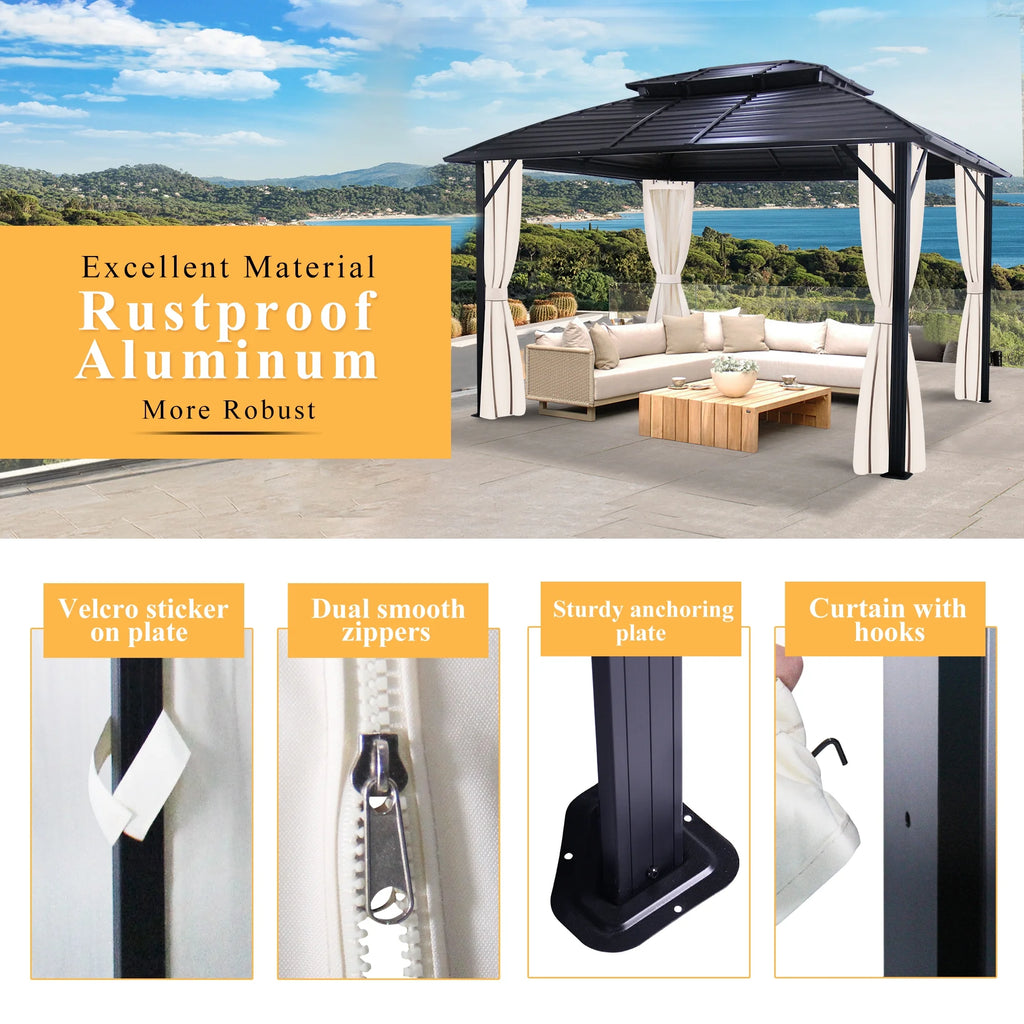 10x12FT Galvanized Steel Hardtop Gazebo with Double Roof W364630