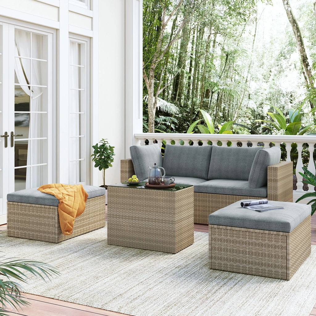 Gray Wicker Rattan Patio Sectional Sofa Set with Ottomans and Cushions S370188