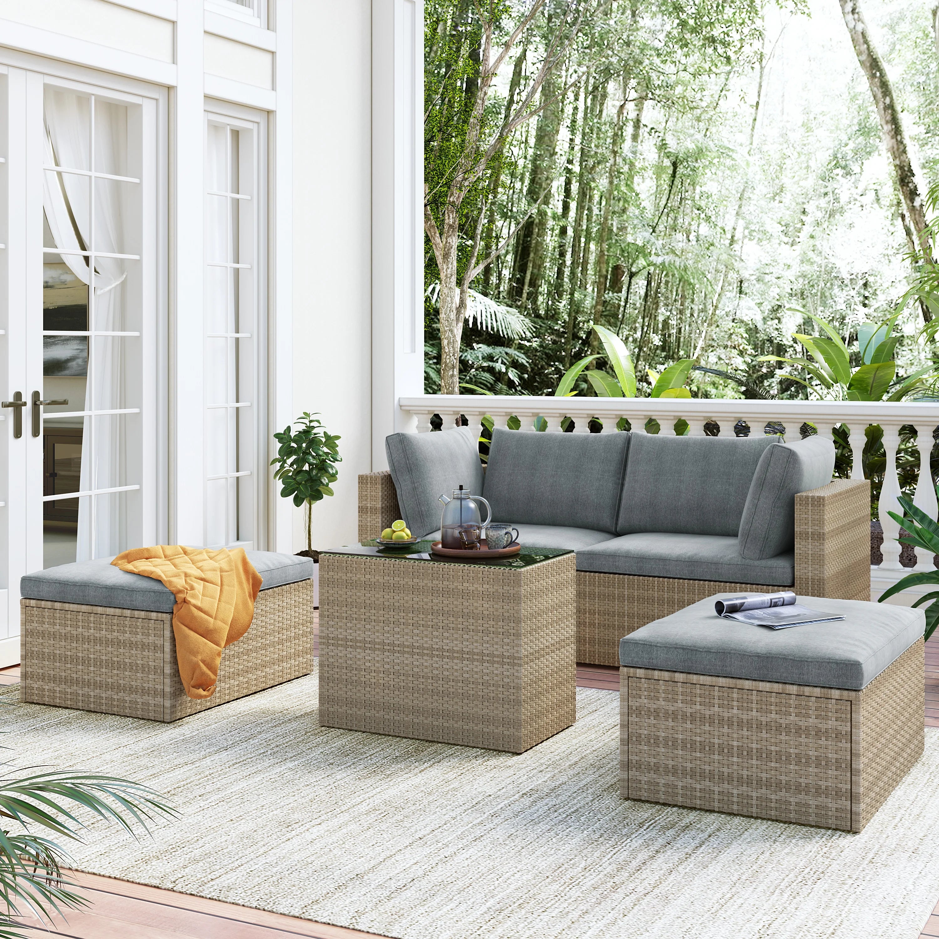 Gray Wicker Rattan Patio Sectional Sofa Set with Ottomans and Cushions S370188