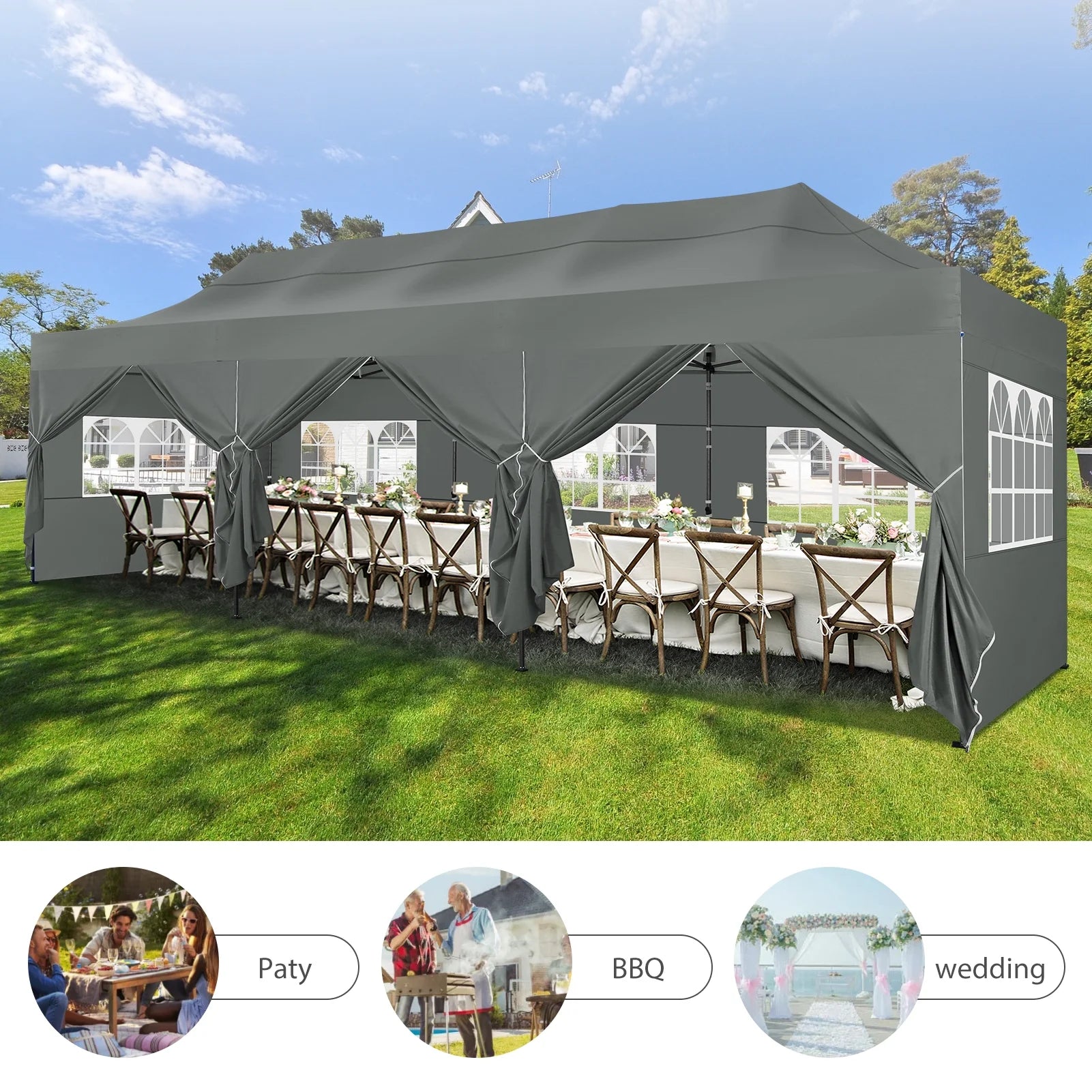 10'x30' Heavy Duty Pop Up Canopy Tent with 8 Removable Sidewalls, Grey K74495