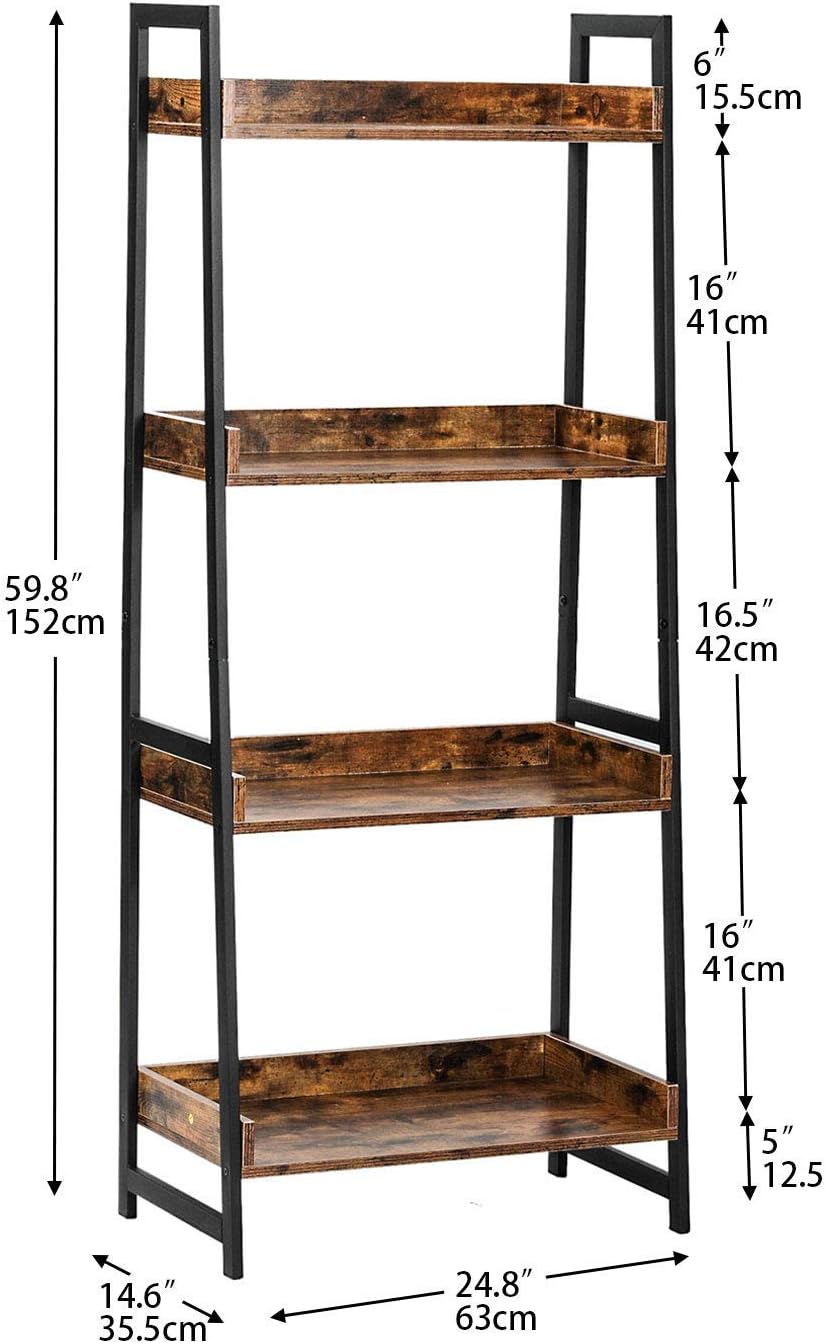 Industrial Bookshelf 4-Tier Ladder Shelf with Metal Frame S24107