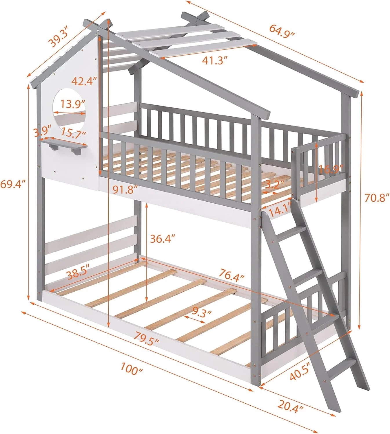Gray Wood Kids Bunk Bed with Ladder D4662