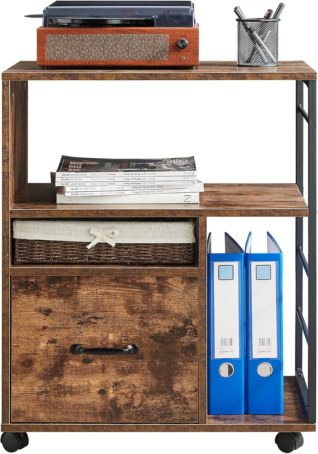 Rustic Brown File Cabinet with Drawer and Open Storage Shelves G4168