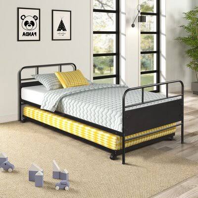 Metal Daybed Platform Bed Frame with Trundle Built-in Casters R330146