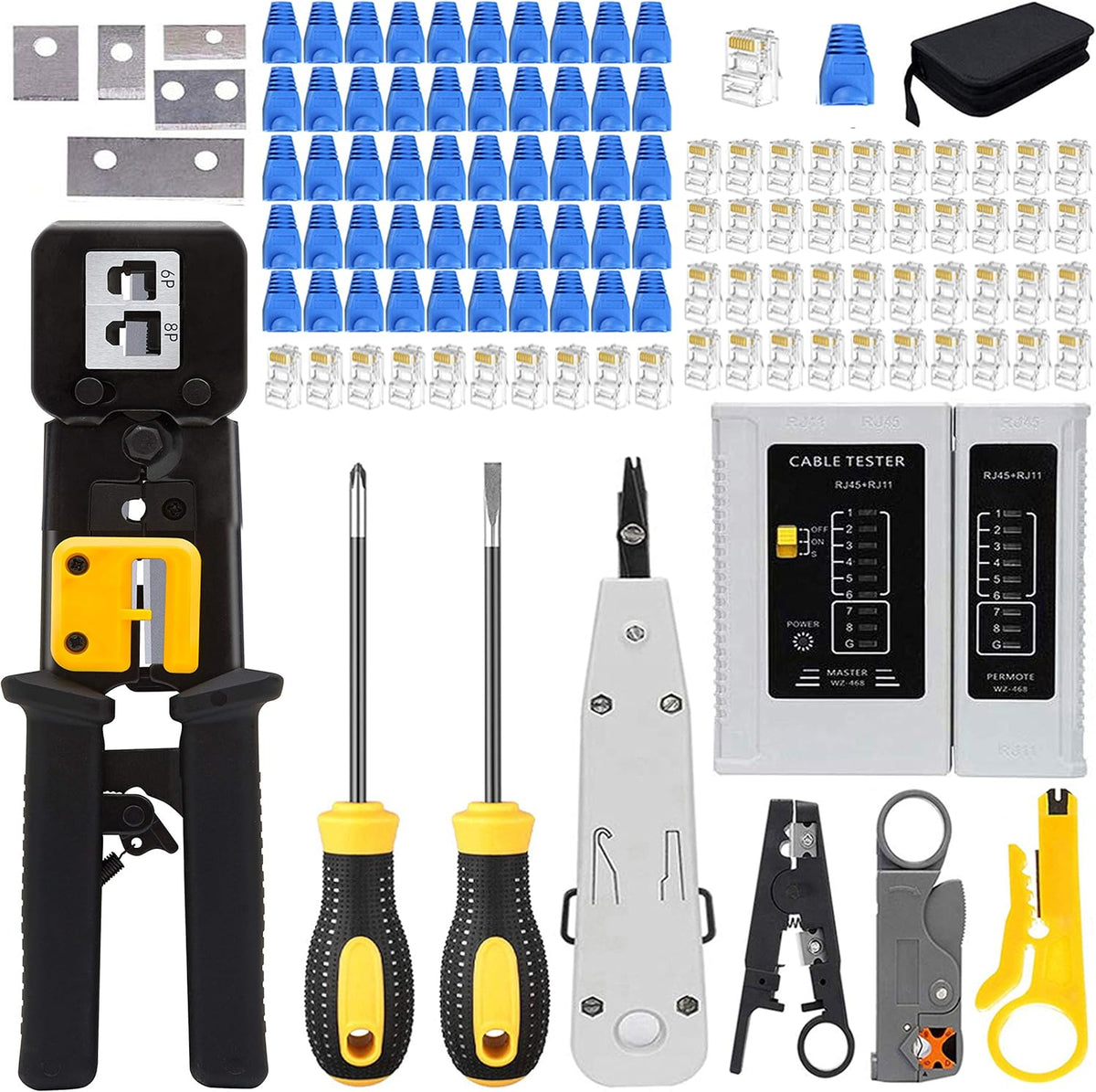 RJ45 Crimping Tool Kit, Lan Cable Tester, Wire Crimper Connector Stripper Cutter, Black, Pack of 2 G441839