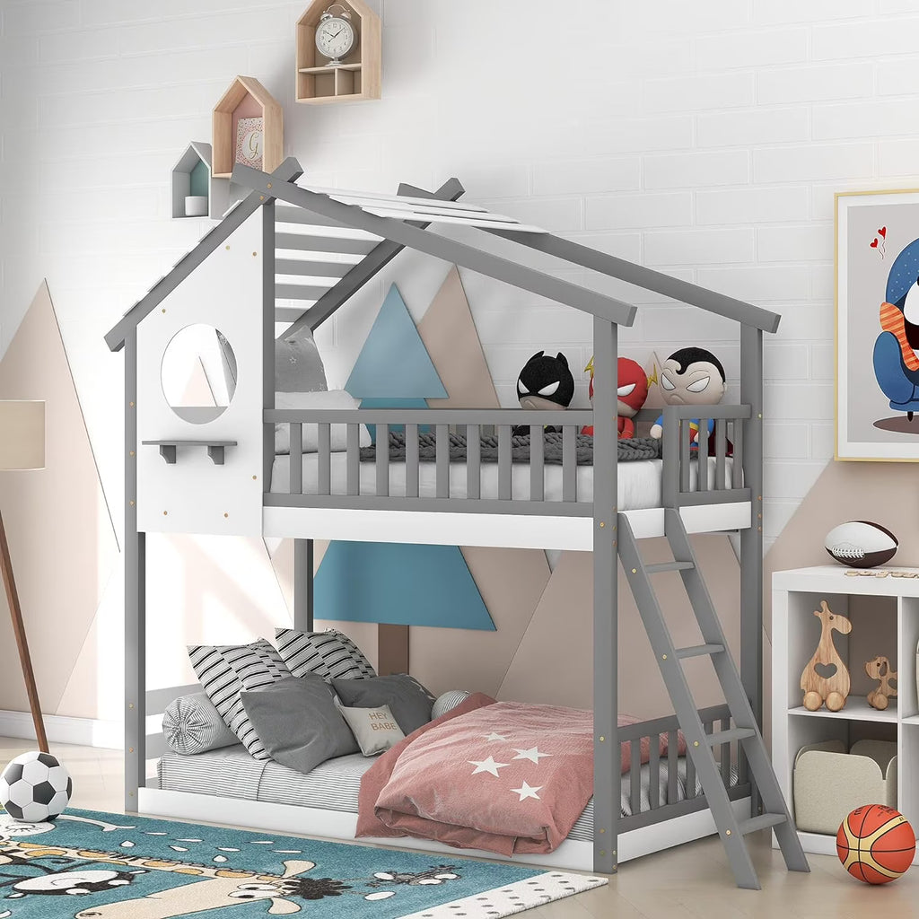 Gray Wood Kids Bunk Bed with Ladder D4662