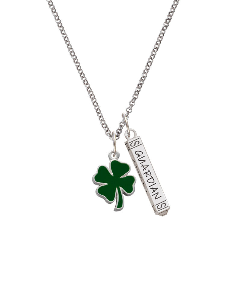 Silvertone Two Sided Green Enamel Four Leaf Clover Guardian Angel Bar Charm Necklace, 23" K316252