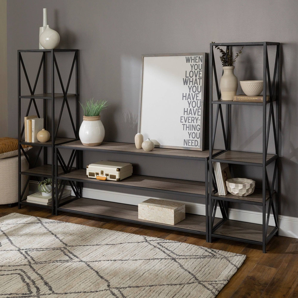 3-Piece X-Frame Entertainment Wall - Driftwood / Black Metal G2553
