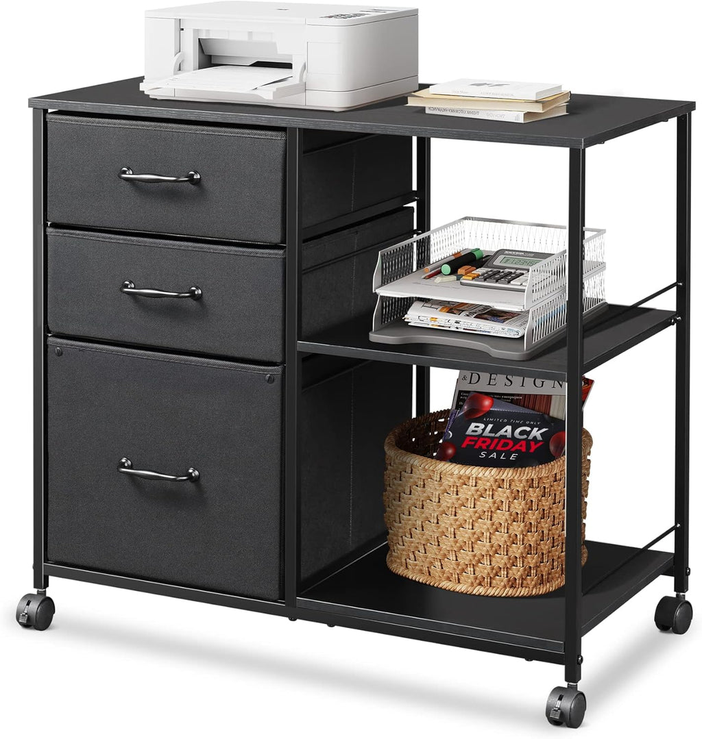 Black 3 Drawer Mobile File Cabinet with Open Storage Shelf M8951