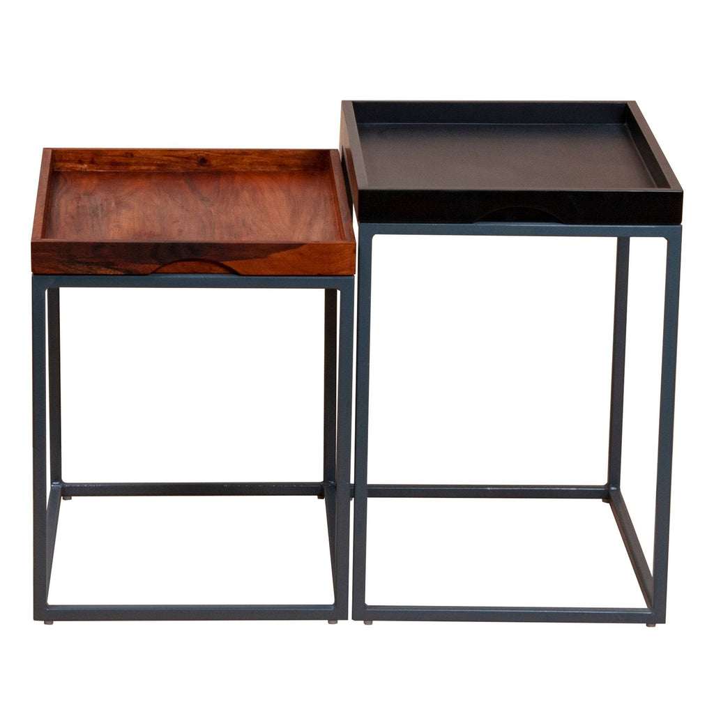 2 Piece Wooden Tray Top Nesting Table Set with Metal Frame, Brown and Black W2286