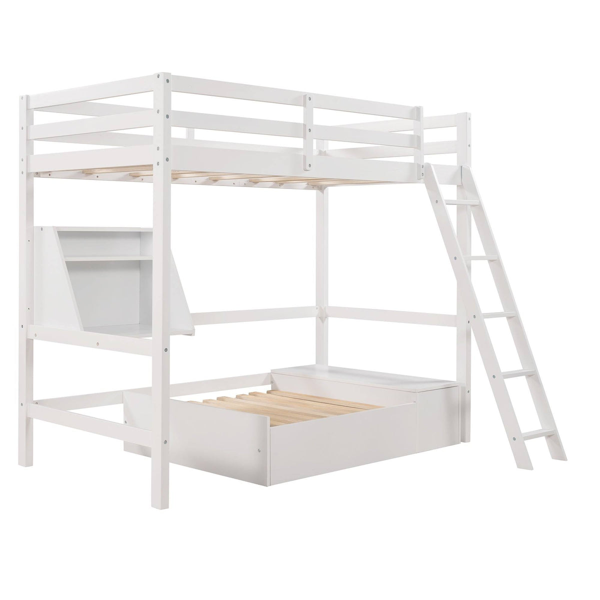 White Twin Loft Bed with Storage Drawer & Shelf K659