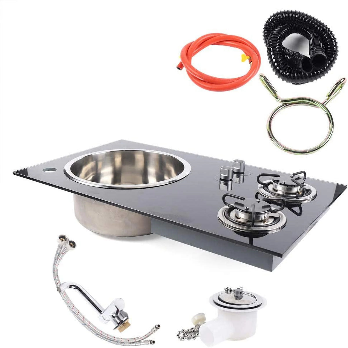 Gas Camping Stove 2 Burners with Tempered Glass Lids and Sink Comb M53248