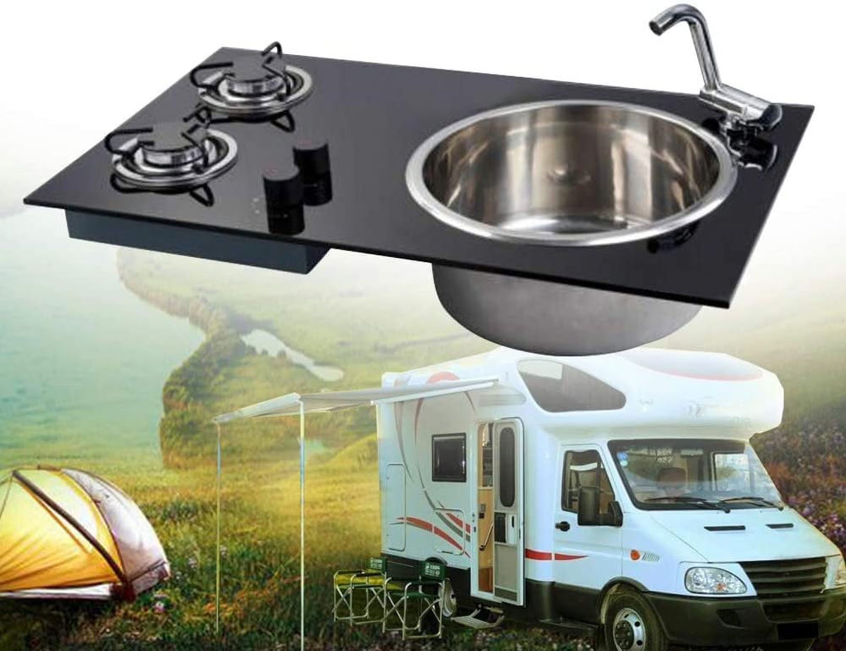 Gas Camping Stove 2 Burners with Tempered Glass Lids and Sink Comb M53248