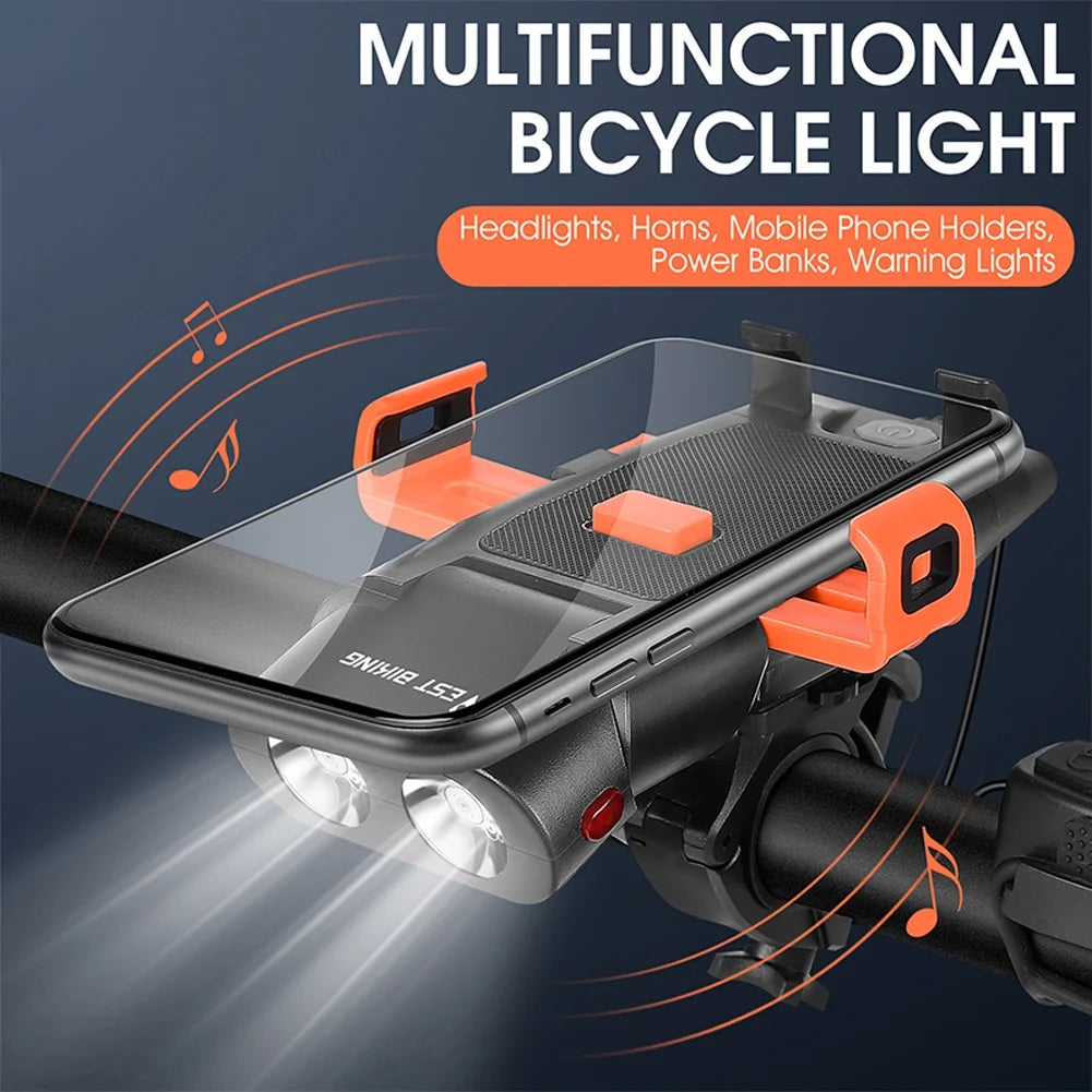 5in1 Bike Front Bracket Lamp Horn Mobilephone Holder Warning Bell Powerbanks USB Rechargeable Cycling Accessories B14213