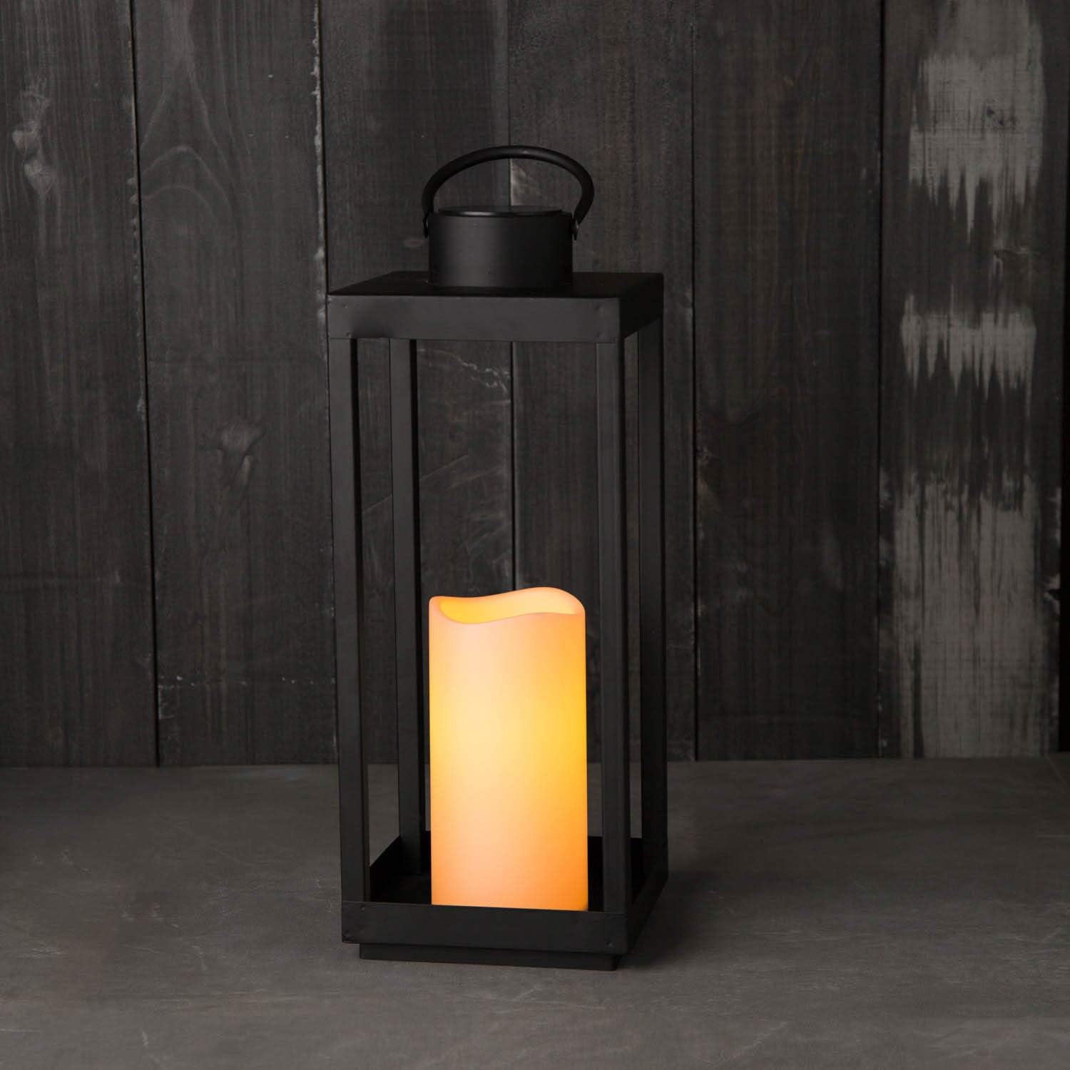 Large Outdoor Lantern with Solar Candle, 18 Inch Tall, Matte Black Metal Frame, Waterproof Flameless Pillar Candle V98774