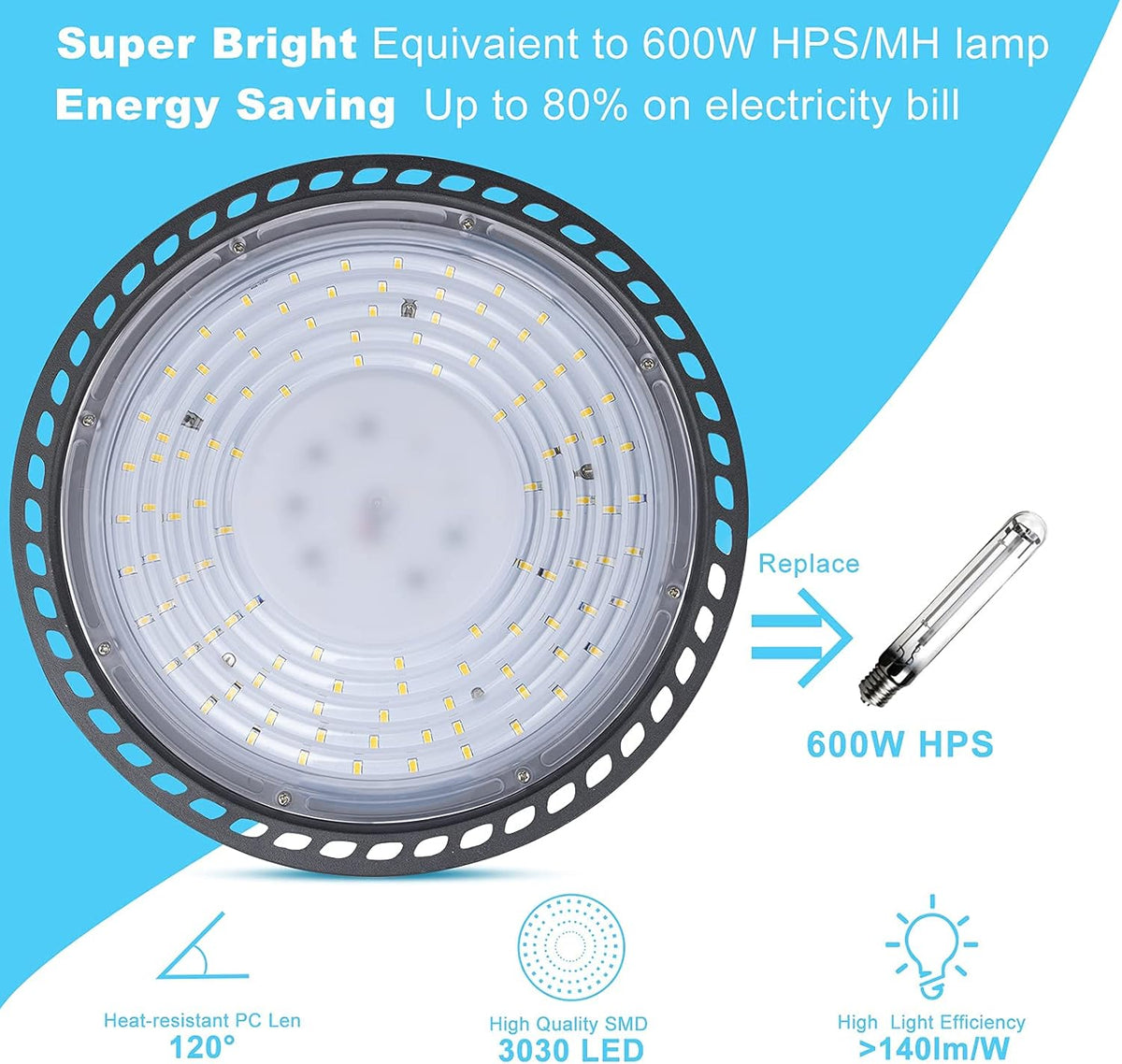 6Pack 150W LED High Bay Light, 5000K 21000LM, IP65, with 5ft UL Cable Plug A6163