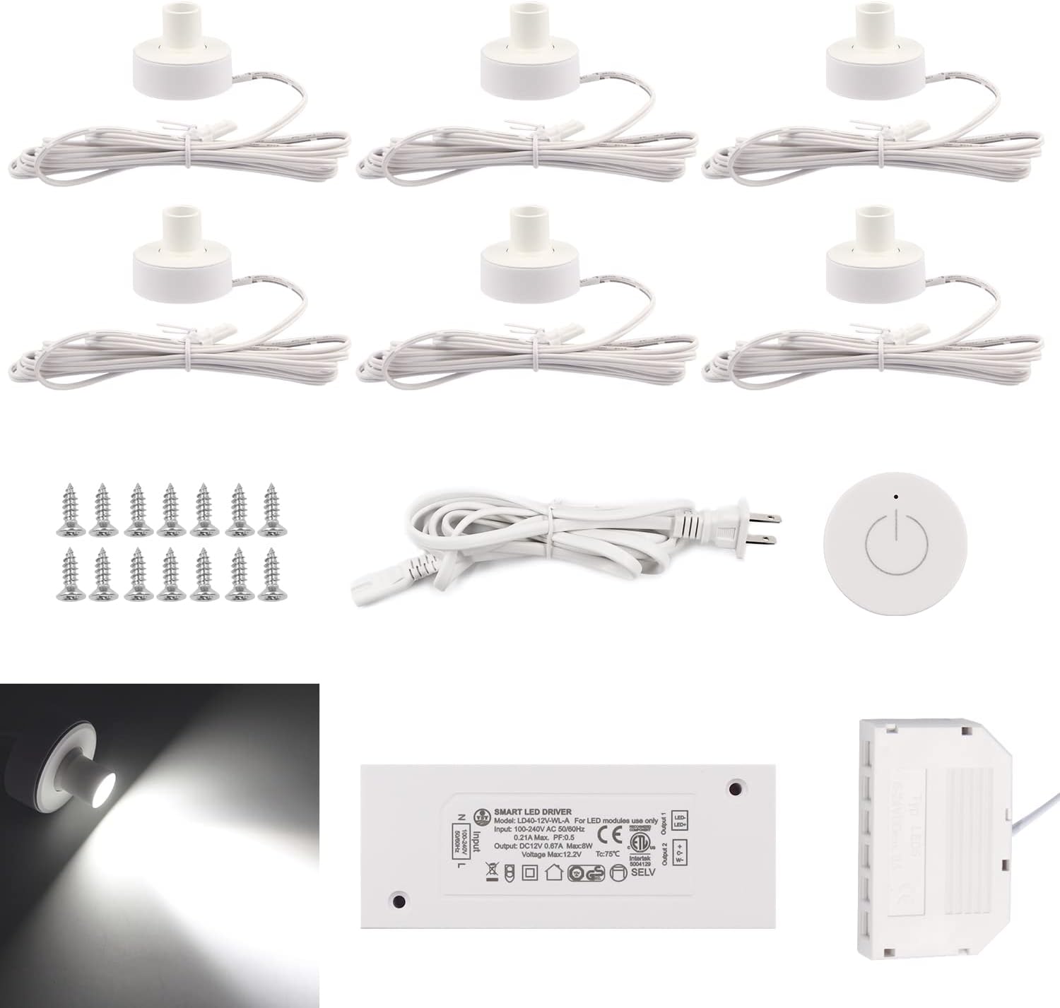 6 Pack White 4000K Under Cabinet Puck Light with Wireless Dimmer Switch D36807