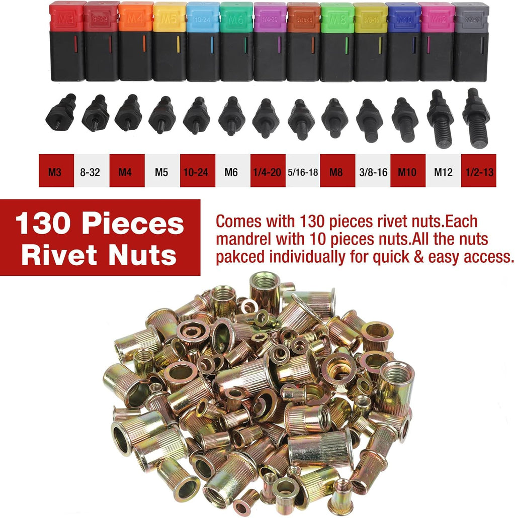Rivet Nut Tool Set with 13PCS Metric & Inch Mandrels, 130PCS Rivet Nuts, Sturdy Plastic Case V205