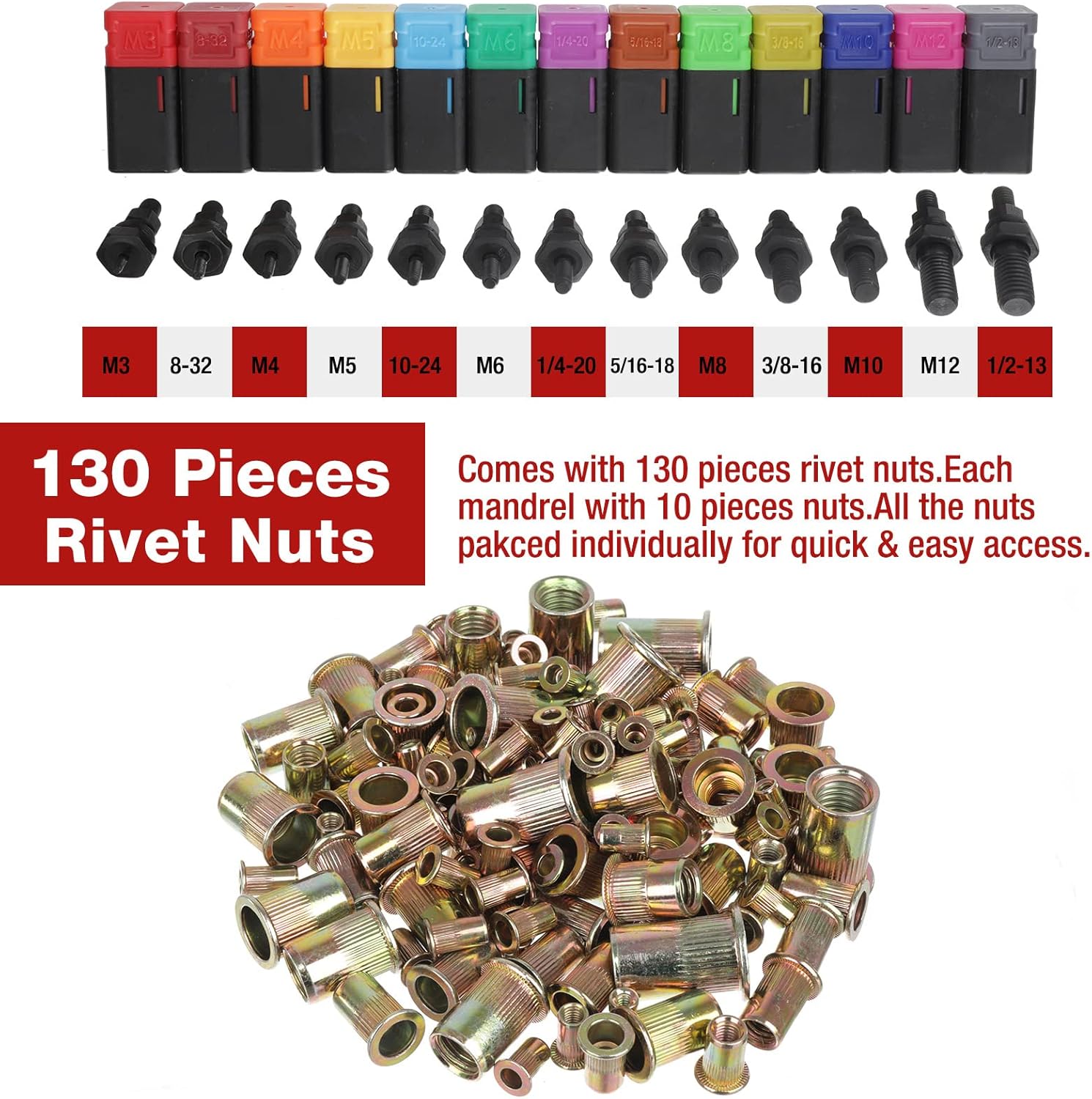 Rivet Nut Tool Set with 13PCS Metric & Inch Mandrels, 130PCS Rivet Nuts, Sturdy Plastic Case V205