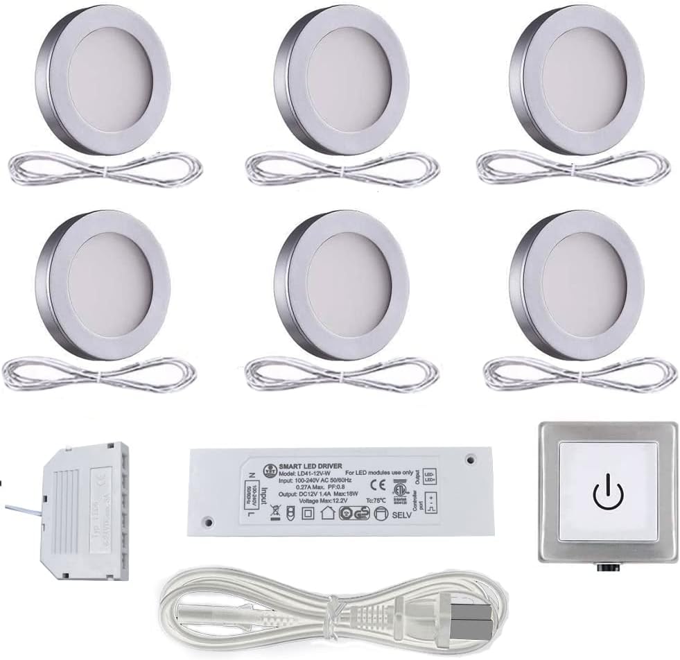 6 Pack White 4000K Under Cabinet Puck Light with Wireless Dimmer Switch D36807