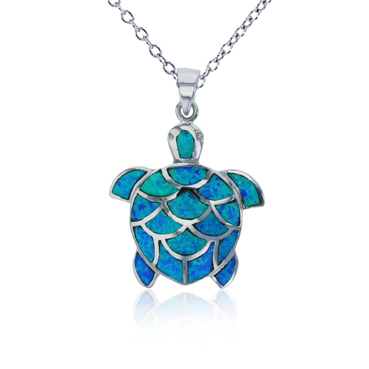 18" Rhodium Created Blue Opal Turtle Necklace C85570