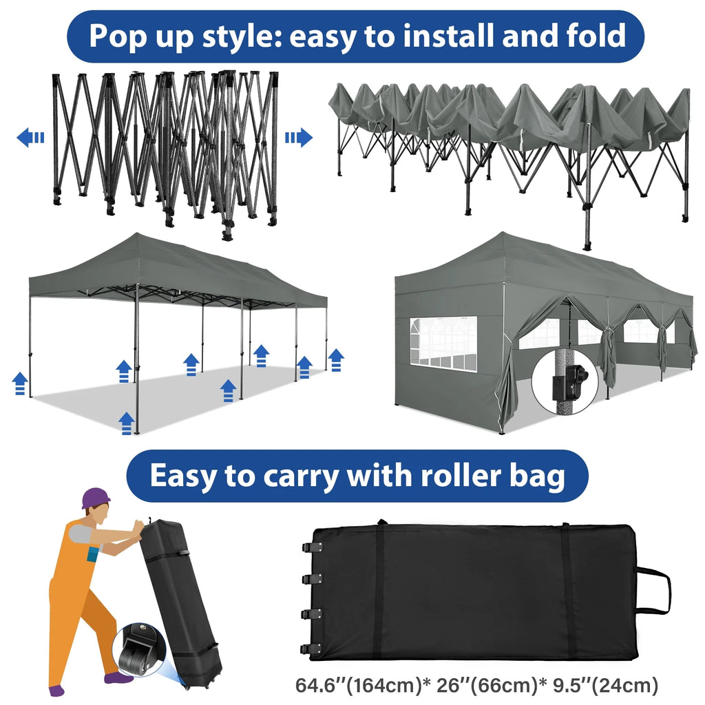 10'x30' Heavy Duty Pop Up Canopy Tent with 8 Removable Sidewalls, Grey K74495