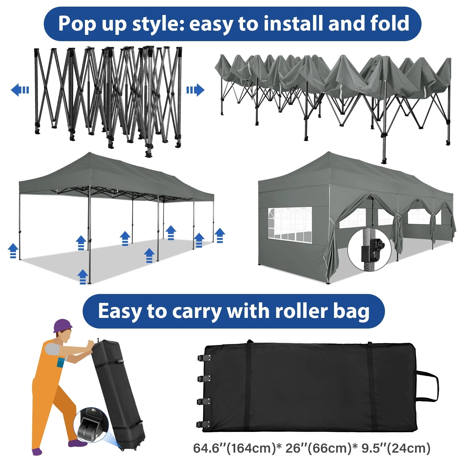 10'x30' Heavy Duty Pop Up Canopy Tent with 8 Removable Sidewalls, Grey K74495